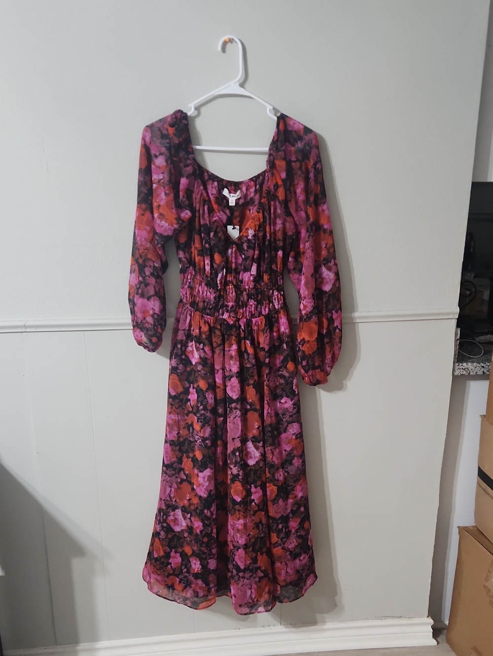 Steve Madden Pink & Orange Floral Long Sleeve Midi Dress
